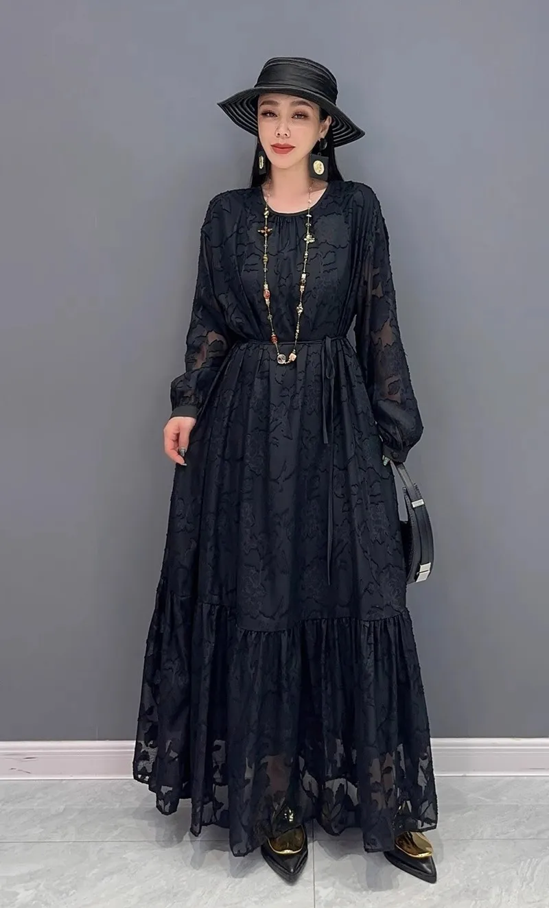 Summer 2024 O Neck Elegant Printed Loose Long Dresses For Women Fashion Black Long Sleeve Dress Female Wholesale
