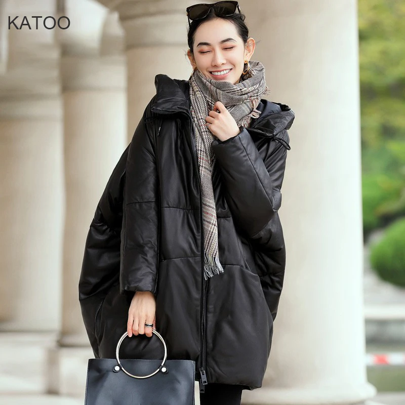 Women's Sheepskin Leather Goose Down Coat Parka Mid-Length Hooded Oversized Winter Casual Warm Thick Puffer Jacket Outerwear