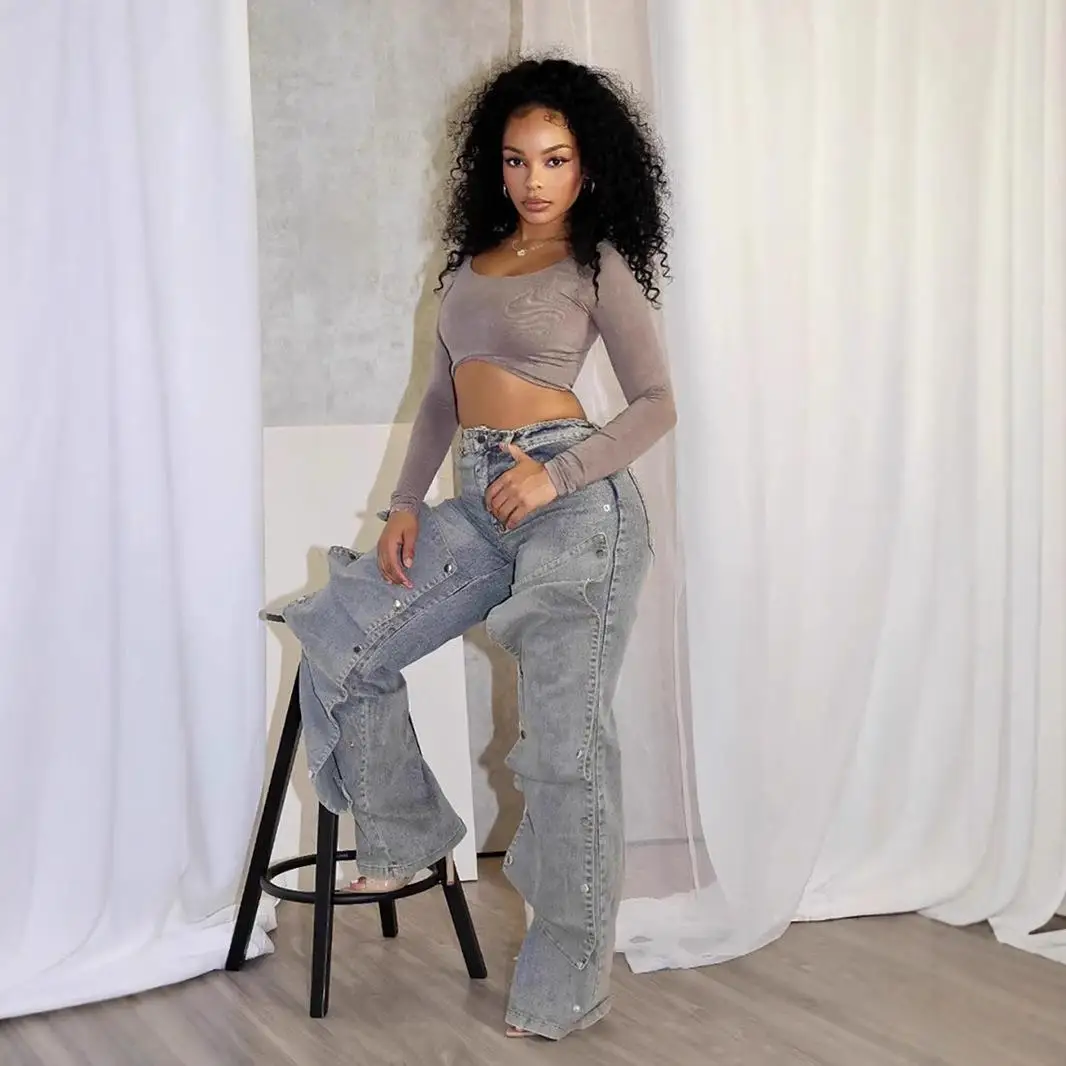 

High Waist Straight Leg Jeans Detachable Concealed Button Street Style mid Stretch Black Women's Premium Quality Denim Jeans