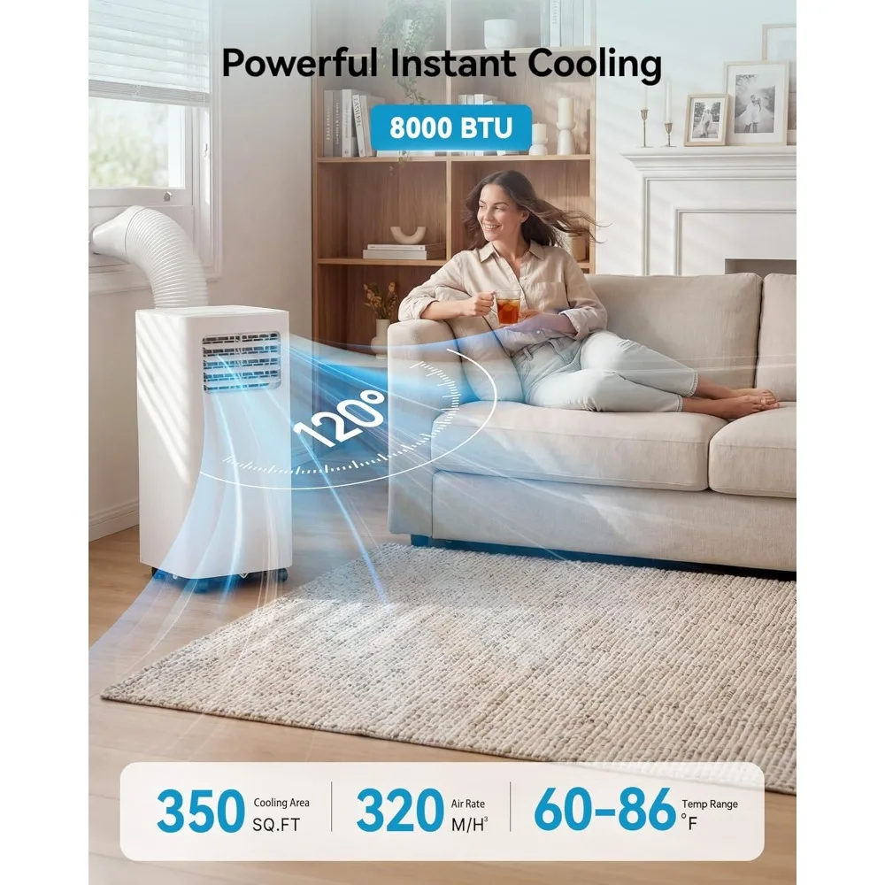 8000 BTU 3 In 1 Portable Air Conditioner Cool Up To 350 Sq.Ft Quiet Fan Dehumidifier LED Display Remote Control Home Cooling