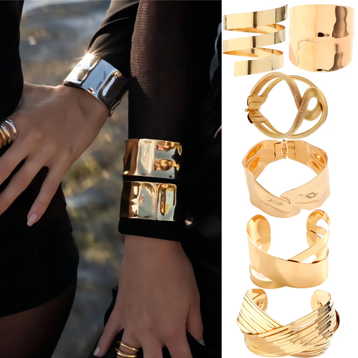 Open Smooth Cuff Bracelet French Vintage Style Geometric Hollow Cutout Minimalist Niche Premium Metal Wrist Jewelry