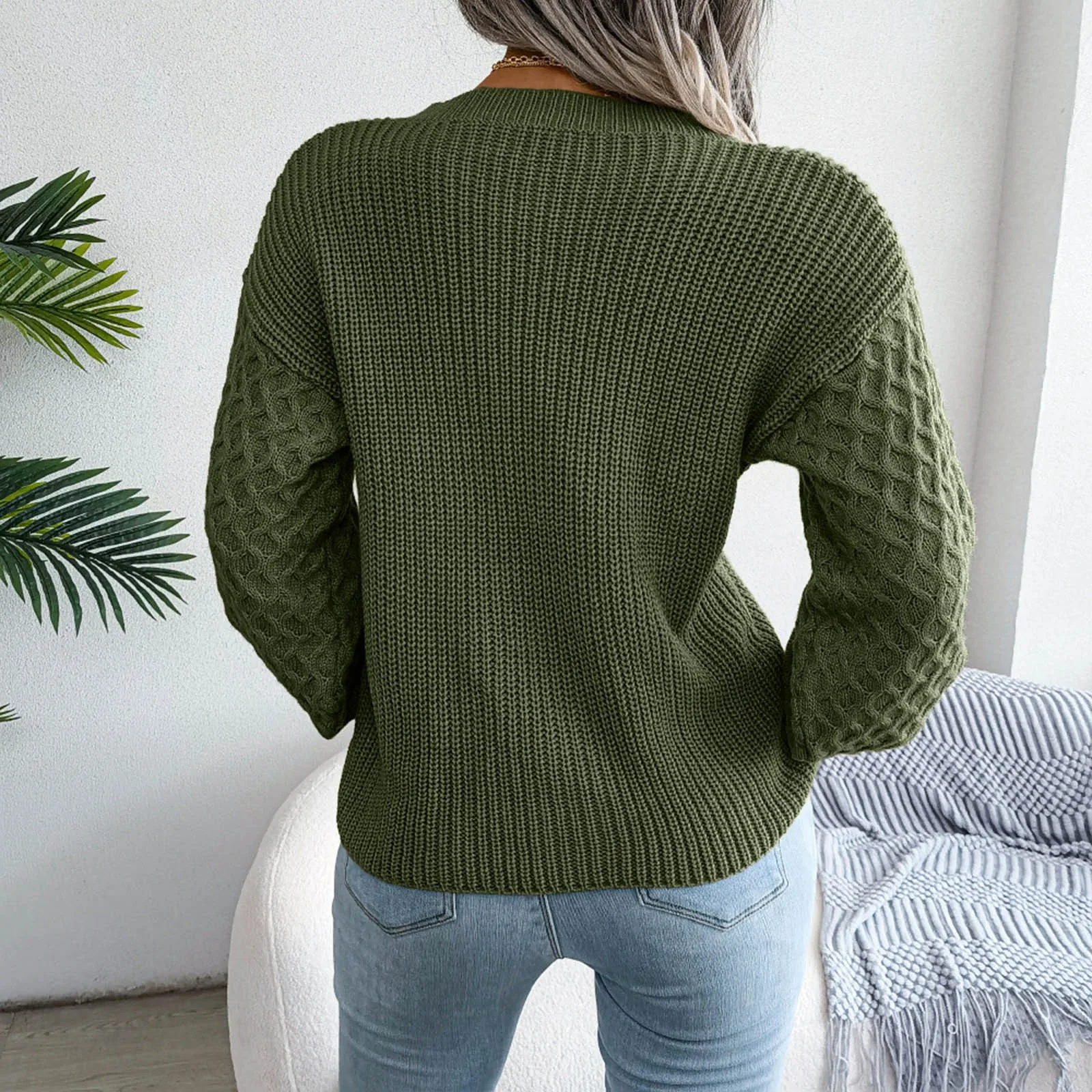 Women's Fall Winter Sweater Lantern Sleeve Crew Neck Basic Pullover Solid Cable Knitted Chunky Casual Oversized Casual Tops