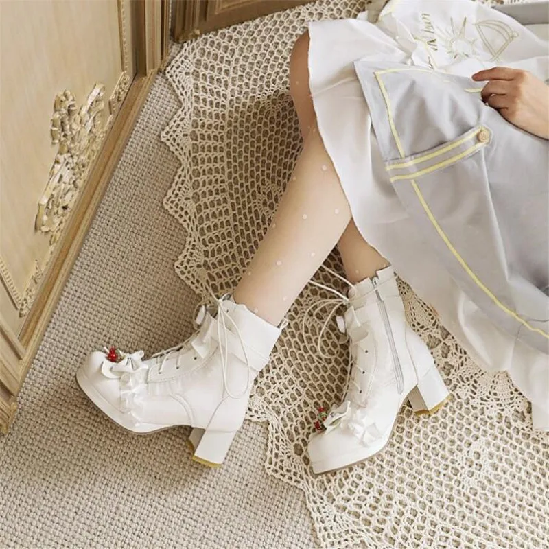 Autumn Winter Women Boots Women Comfort Square Heel Platform Ankle Boots Sweet Bow Ruffles Girls Princess Cosplay Lolita Shoes
