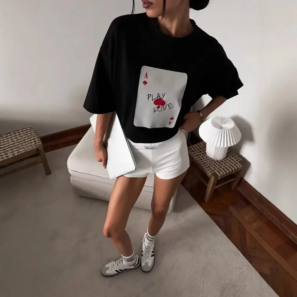 Summer Street Ins Original Poker Printed Cotton T-shirt Trendy Y2K Men and Women Spring Fashion Retro Oversized T-shirt Top