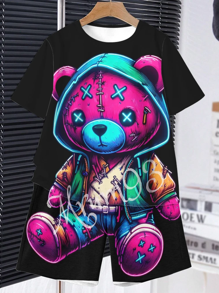 Anime Trend Bear Print Short Sleeve T-shirt Shorts 2 Summer Men's Fashion Street Short Sleeve Suit Heat Insulation Anti-wrinkle