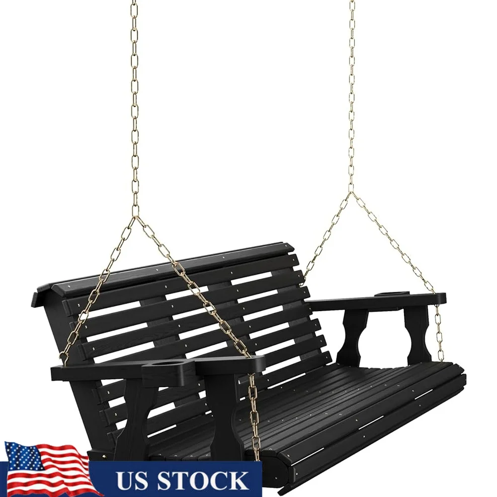 

6ft Rollback Porch Swing with Cup Holders Heavy Duty Pine Weather Resistant Rustic Handcrafted Outdoor Comfort Seat