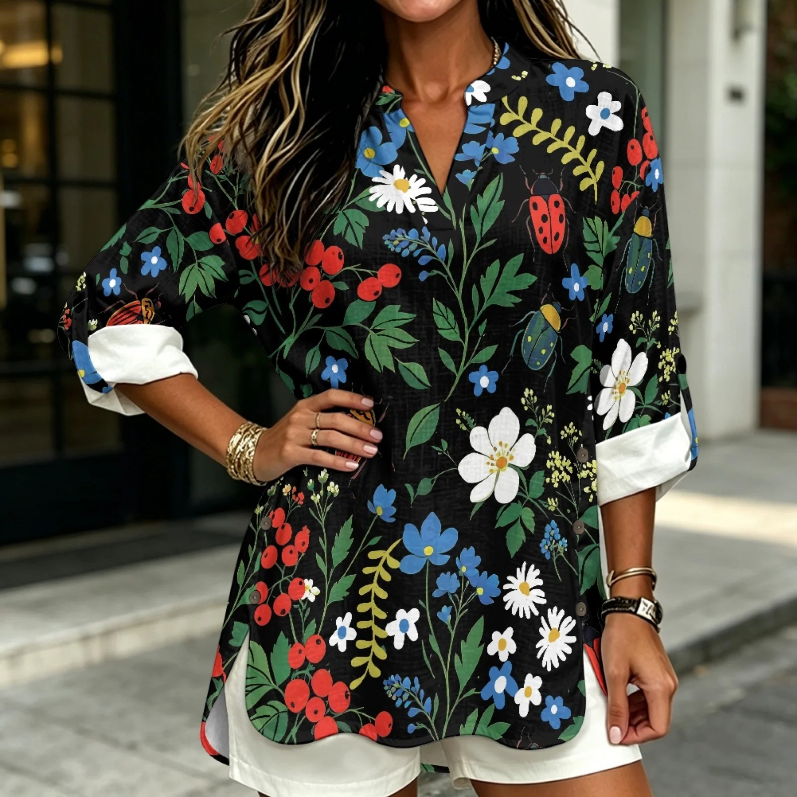 PENSTROLL Floral Ladybug Print Linen Style Women's V Neck Tops Side Slit V Neck Shirts for Ladies Sizes S-5XL