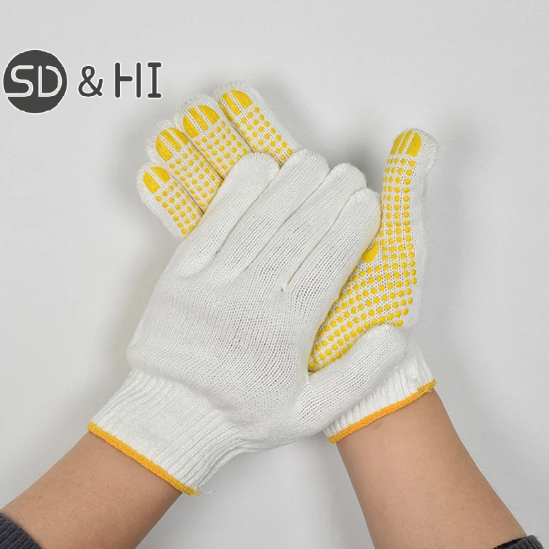 1Pairs Yarn Adhesive Gloves Cotton Polyester String Knit Shell Safety Protection Work Gloves For Mechanic Industrial Warehouse