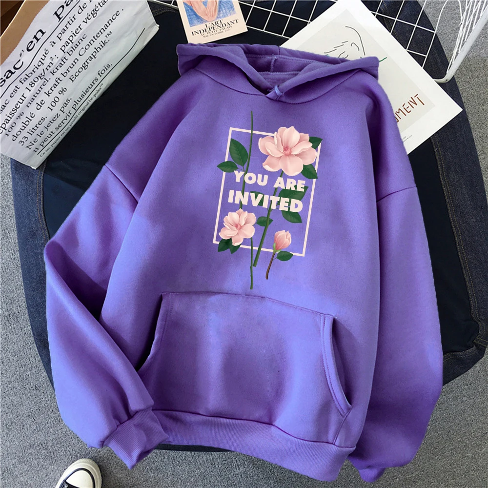 You Are Invited Pink Flowers Print Women Hoody Fashion Pocket Y2K Hoodies Hip Hop Loose Pullover Casual Fleece Unisex Clothes