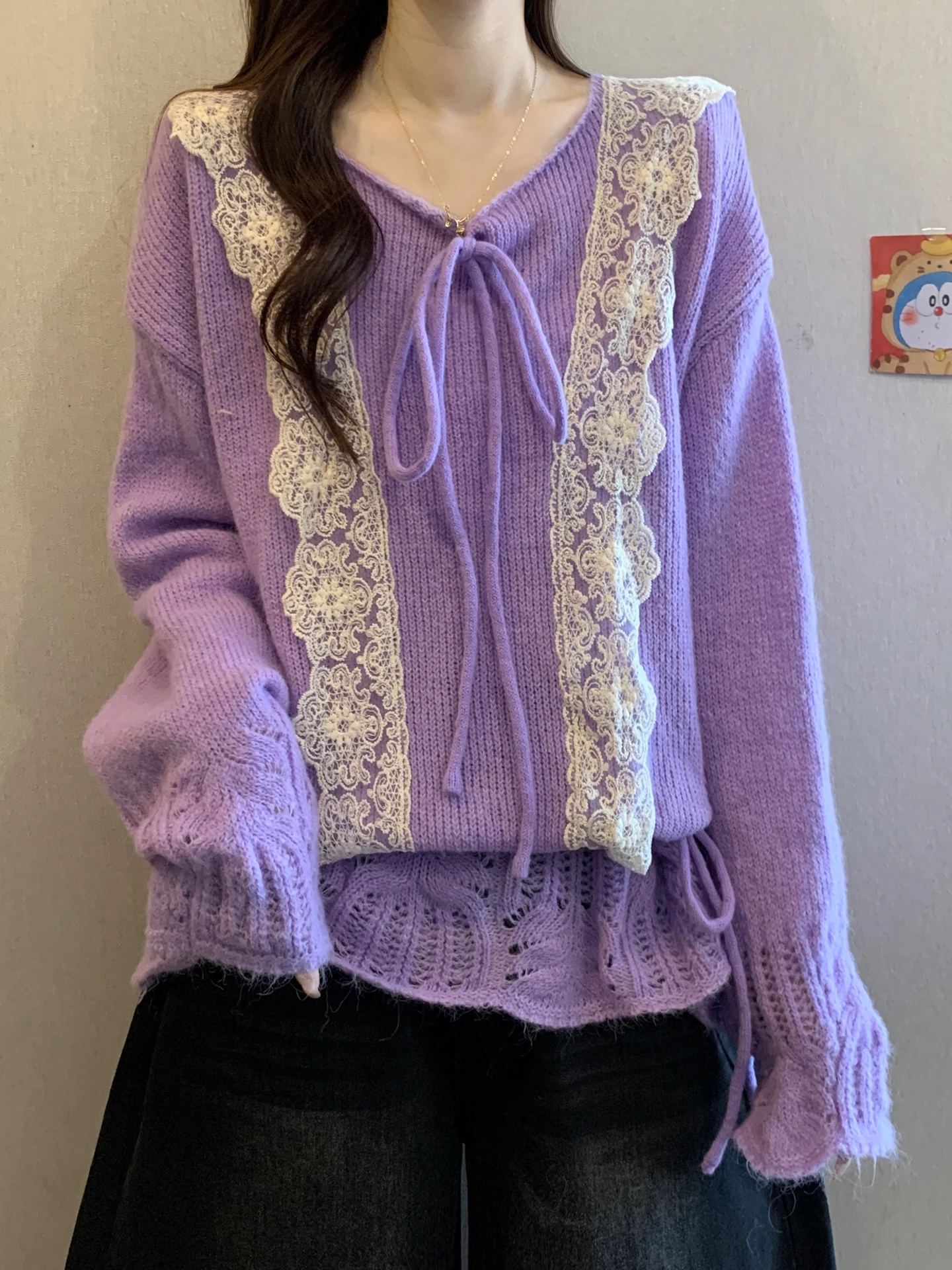 

Фиолетовый вязаный свитер с кружевной отделкой и V-образным вырезом, женский, осенне-зимний, больших размеров, свободного кроя, повседневный, с длинными рукавами