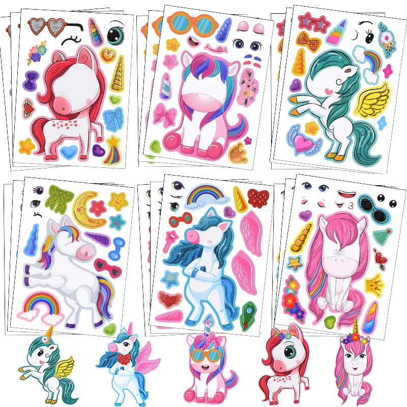 6Sheets Cartoon Unicorn Puzzle Stickers Funny DIY Assemble Pony Face Stickers Kids Girls Favors Jigsaw Toys Game Birthday Gifts