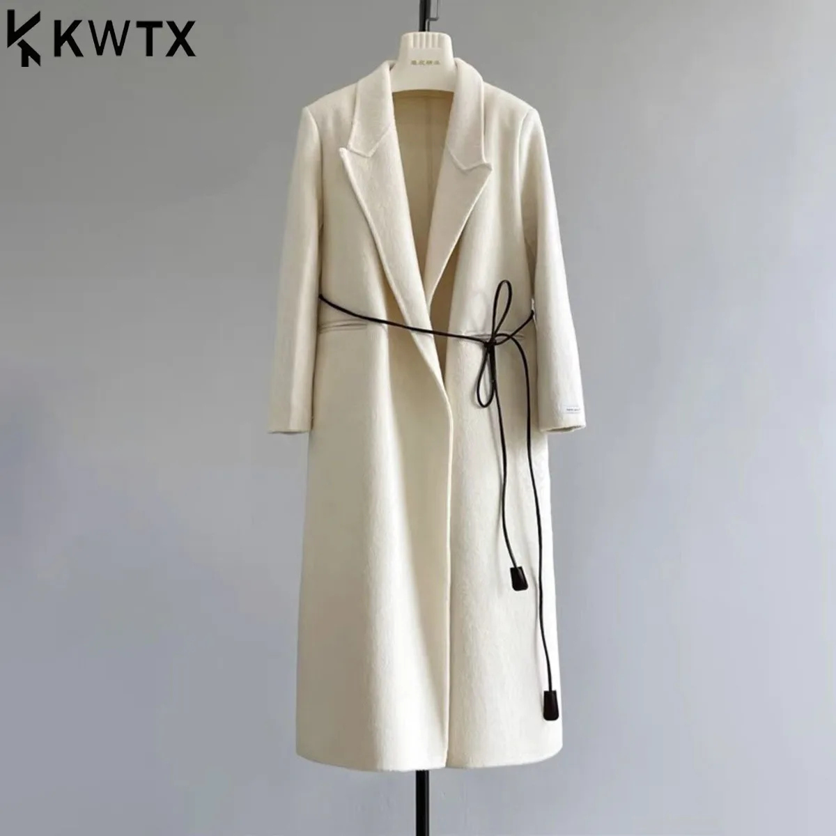 

KWTX Women's 100% Wool Solid Long Coat Belted Lapel Elegant Vintage Chic Minimalist High Quality 2025 New Style Winter Premium