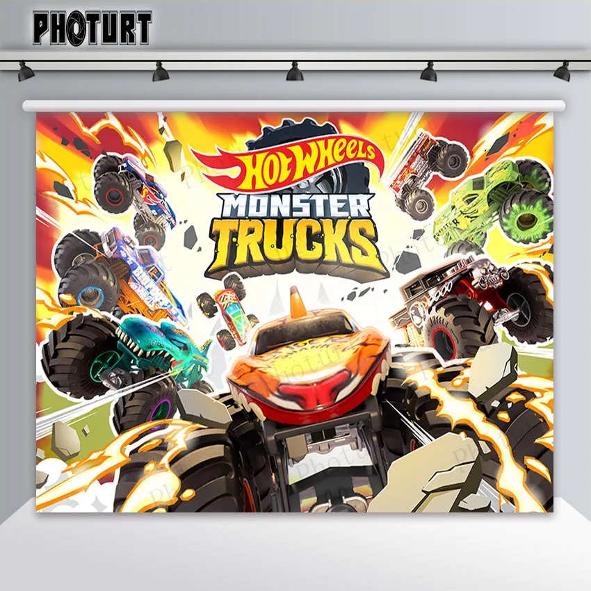 PHOTURT Hot Wheels Monster Trucks Backdrop Kids Birthday Photography Banner Game Race Car Photo Background Polyester Vinyl Props