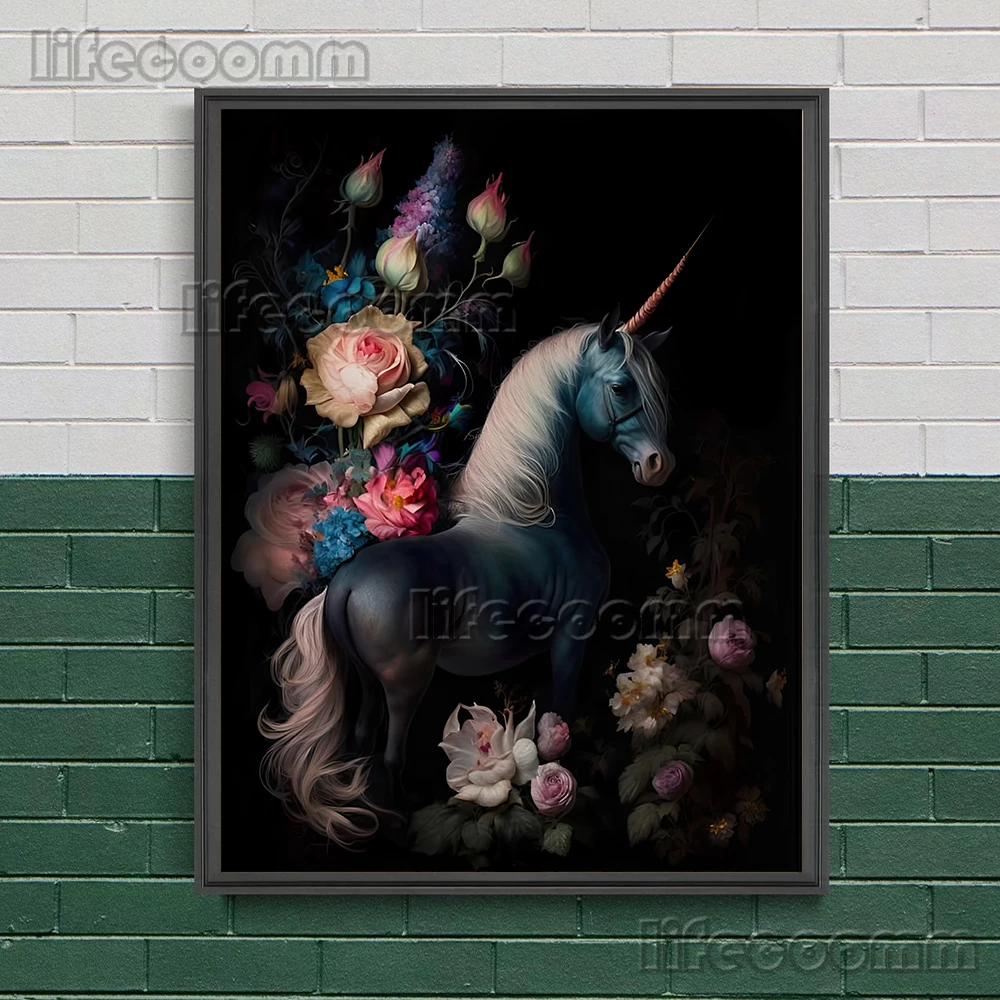 Fantasy Unicorn And Spellcaster Frog Wall Art Print Fox Witchy,Cat Witch,Antique Bat,Black Raven Magic Animal Art Poster Print
