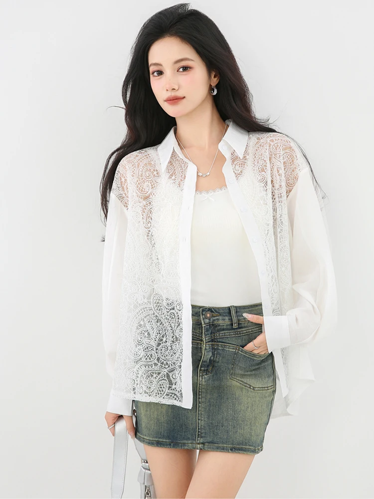 2025 sommer Weiß aushöhlen Spitze hemd Frauen Mode Patchwork langarm bluse Oversize tops Vintage INKEO 5T 077