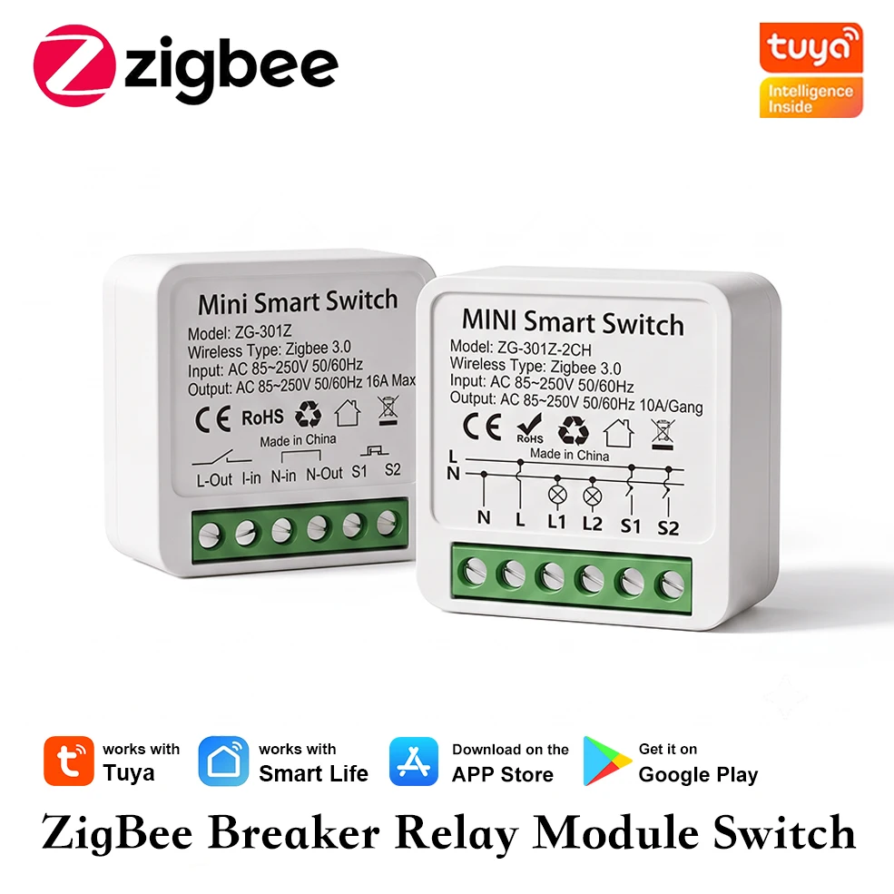 Tuya Zigbee 1 2-Gang 16A Switch Breaker Smart Home Light Relay Automation Module Work with Tuya Hub Smart Life Alexa Google Home