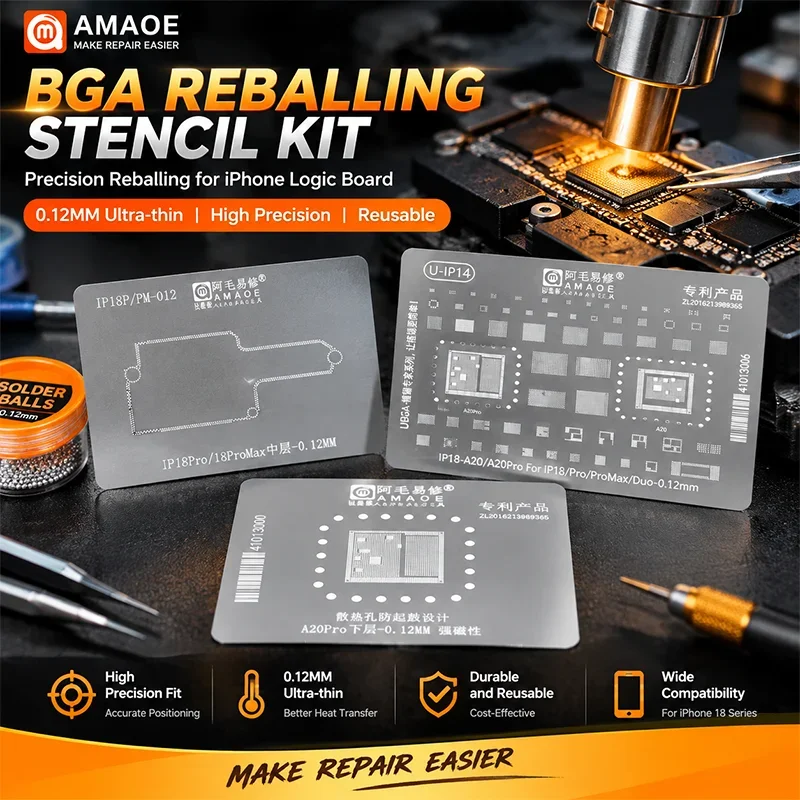 NEW AMAOE U-IP14 BGA Stencil 0.12mm Heat Dissipation for iPhone 18 Pro Pro Max Duo A20 A20Pro CPU Middle Layer Repair Tool