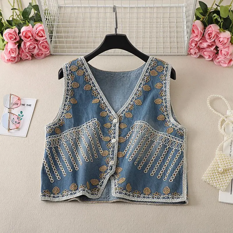 New Embroidered Denim Vest for Women Spring Summer Loose Versatile Layering Outerwear Sleeveless Waistcoat Cardigan Short Jacket