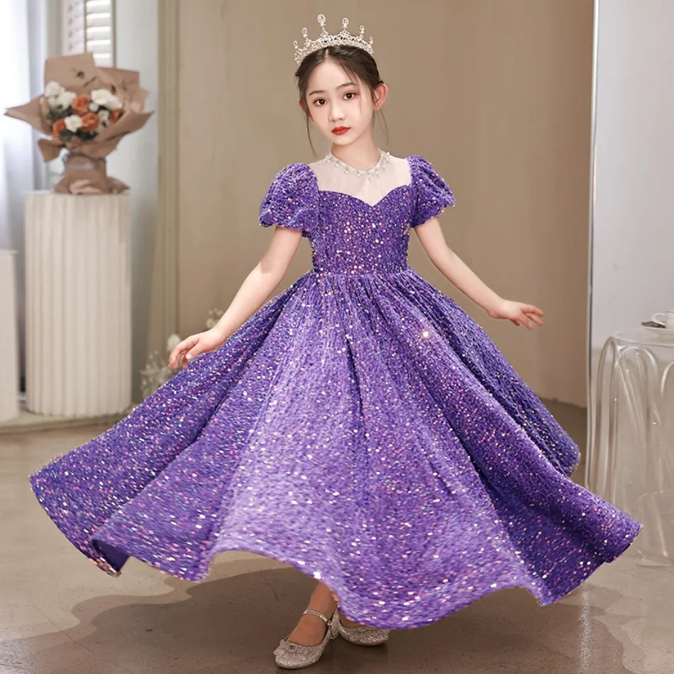 Toddler Kids Girls Cute Infant Sequin Glitter Purple Costume Party Carnival Gown Formal Dress Children Place Dresses for Girls