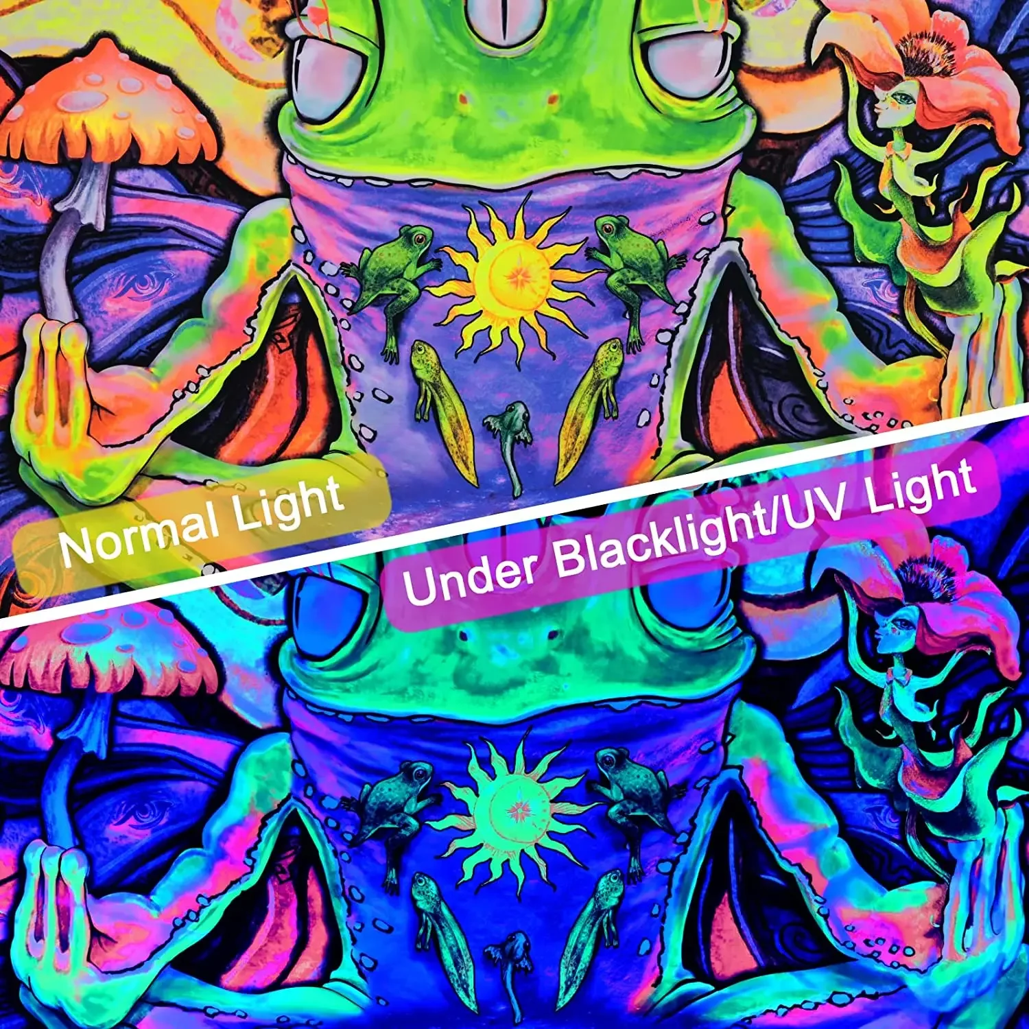 Blacklight Frog Tapestry UV Reactive Flower Tapestries Hippie Eyes Glow In Dark Sun and Moon Aesthetic Wall Hanging for Bedroom