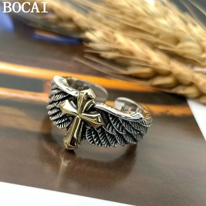 BOCAI New Real S925 Silver Hip Hop Personality Graffiti Wings Cross Men and Women Rings Trend Rock Fine Choice Jewelry