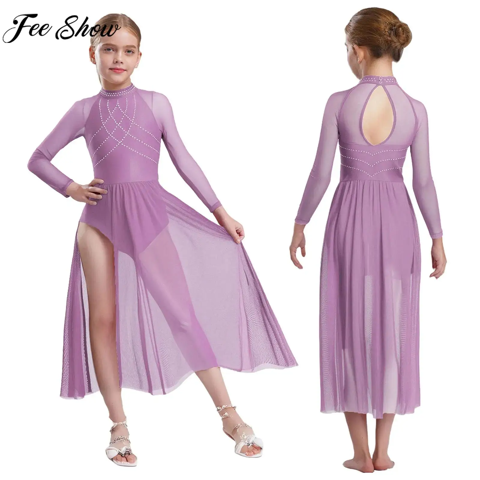 

Kids Girls Long Sleeve Shiny Rhinestones Sheer Mesh Modern Lyrical Dance Leotard Dress for Figure Skating Gymnastics Acrobatics