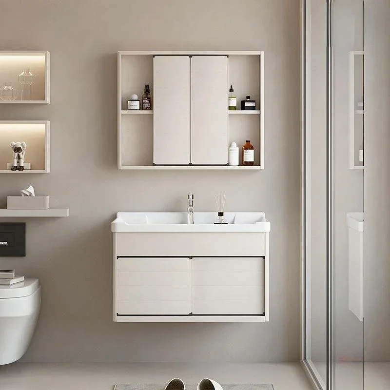 Aluminum Bathroom Cabinets Sliding Mirror Cabinet Integrated Ceramic Basin Bathroom Vanity Cabinet with Sink Bathroom Furniture