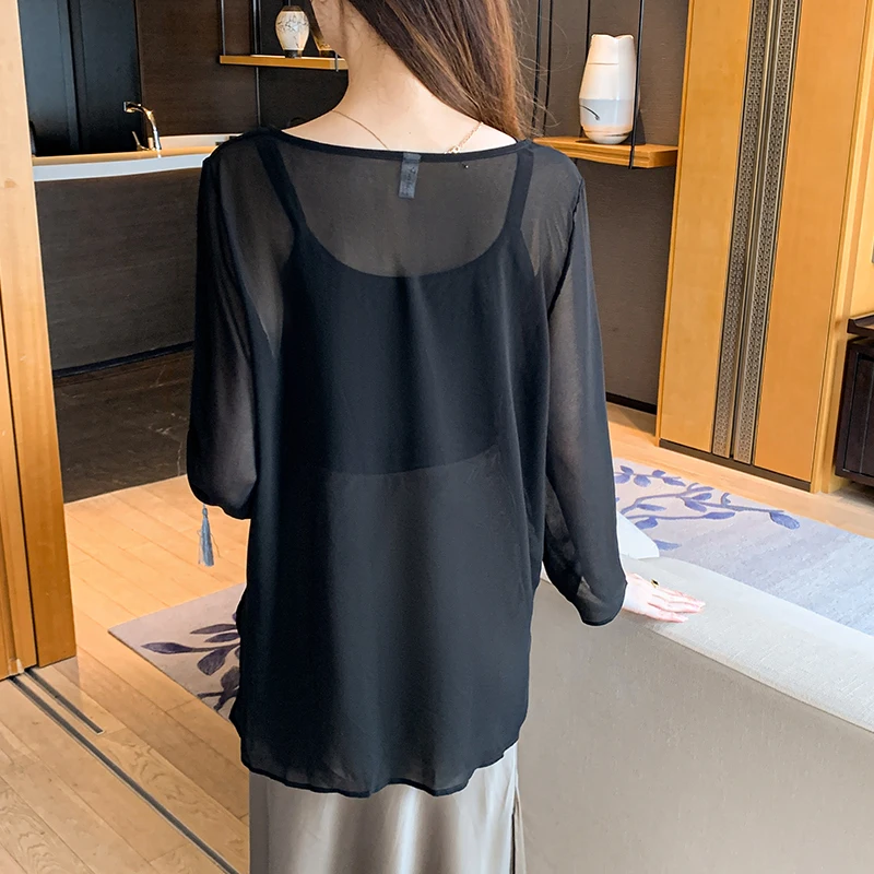 Spring Summer See Through Sunscreen Clothing Women Shirt Chiffon Blouse Solid Color Loose Irregular Long sleeved Top Black White