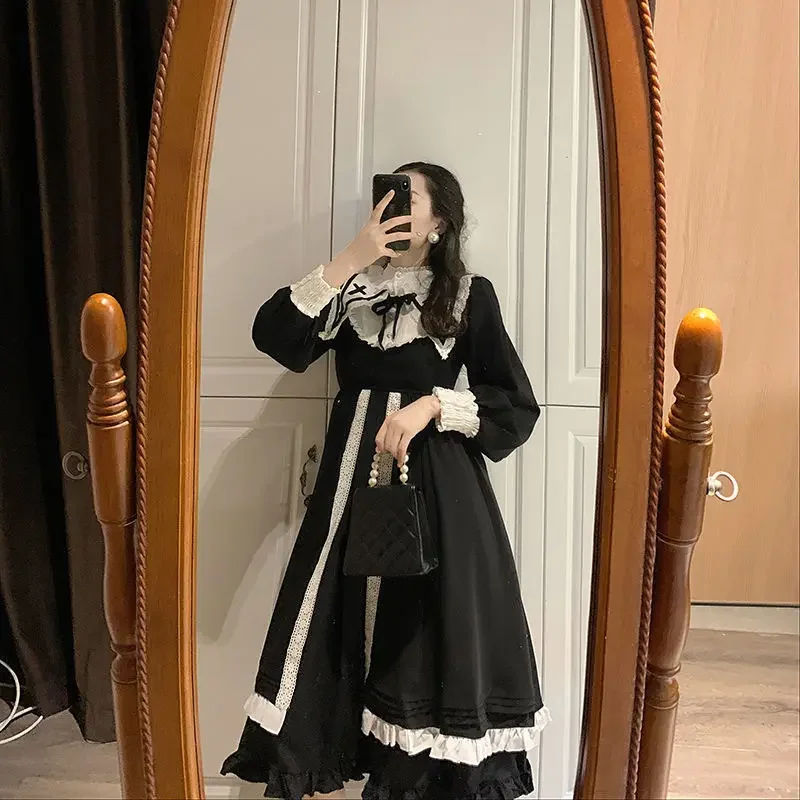 Black Gothic Lolita Long Sleeve Princess Dress Vintage Hepburn Style Soft Girl Dress