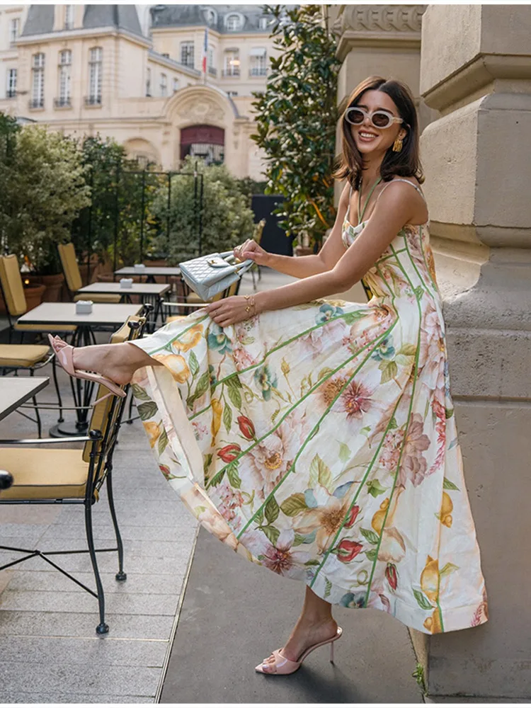 2026 Neues Boho Blumenmuster Neckholder Maxikleid für Damen Korsett-Bustier Rosa Besatz A-Linie Fließendes Sommer-Urlaubskleid für den Strand – Detail 11