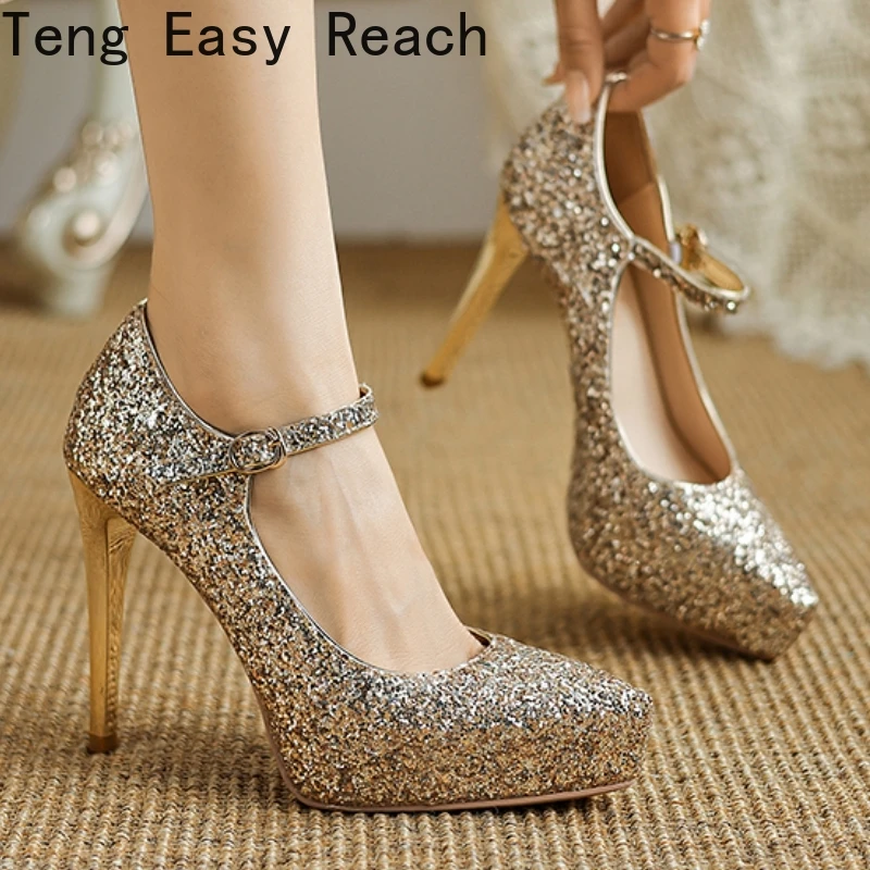 

Роскошные туфли-лодочки на высоком каблуке, свадебные туфли, женские туфли на платформе, новинка 2025, большие размеры, вечерние модельные туфли на золотом каблуке с блестками, женские туфли