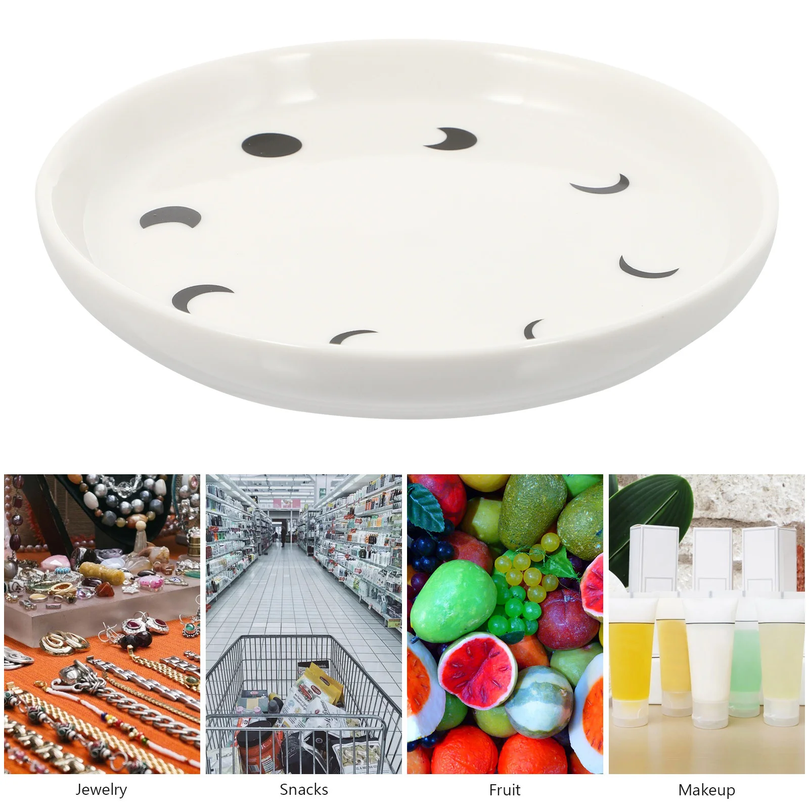Practical Moon Pattern Ceramic Tray Jewelry Storage Organizer for Rings Earrings Keys Decorative Trinket Plate White