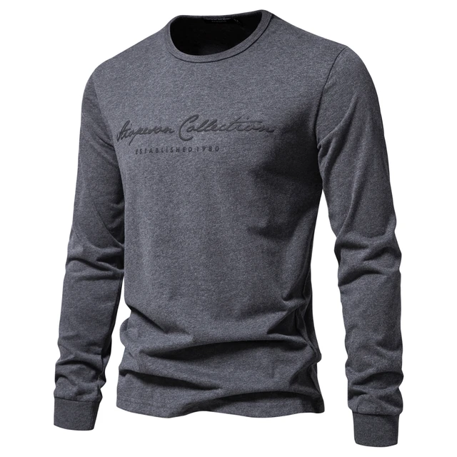 AIOPESON 100% bawełna T-shirt męski z długim rękawem Jednolity kolor Literowy nadruk Casualowe koszulki dla mężczyzn Nowe wiosenne topy Tee Odzież męska