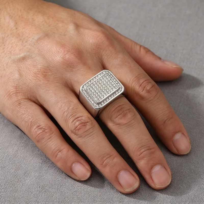 Kalen Herrenring, größer, quadratisch, hochwertig, mit CZ-Kristallen, Edelstahl, Schmuck, männlicher Charme, Fingerring, Damen-Accessoire – Detail 6
