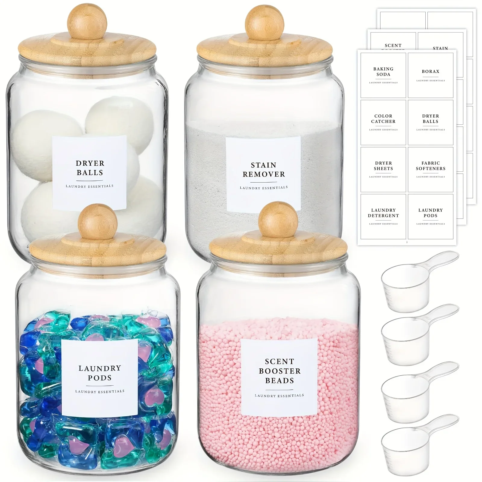 

4pcs Glass Jars with Bamboo Lids & Labels - Airtight Flip-Top Half Gallon (64oz) Glass Containers for Laundry Detergent, Pods, S