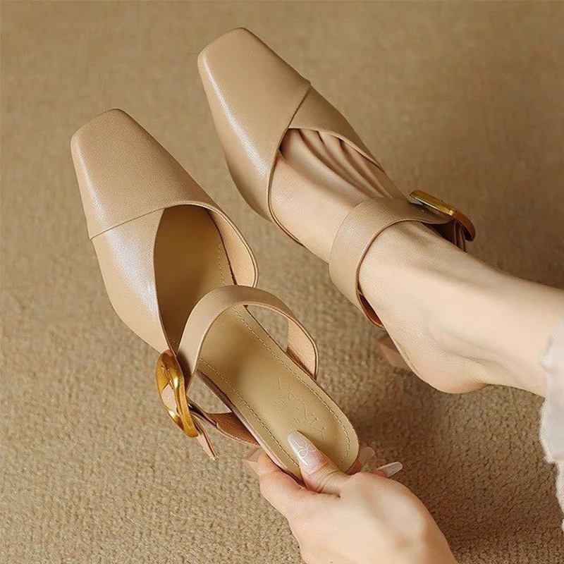 High Heels Women Slippers Mules Shoes Chunky Sandals 2026 Summer Luxury Brand Leather Shoes Slingback Dress Shoes Mujer Slides