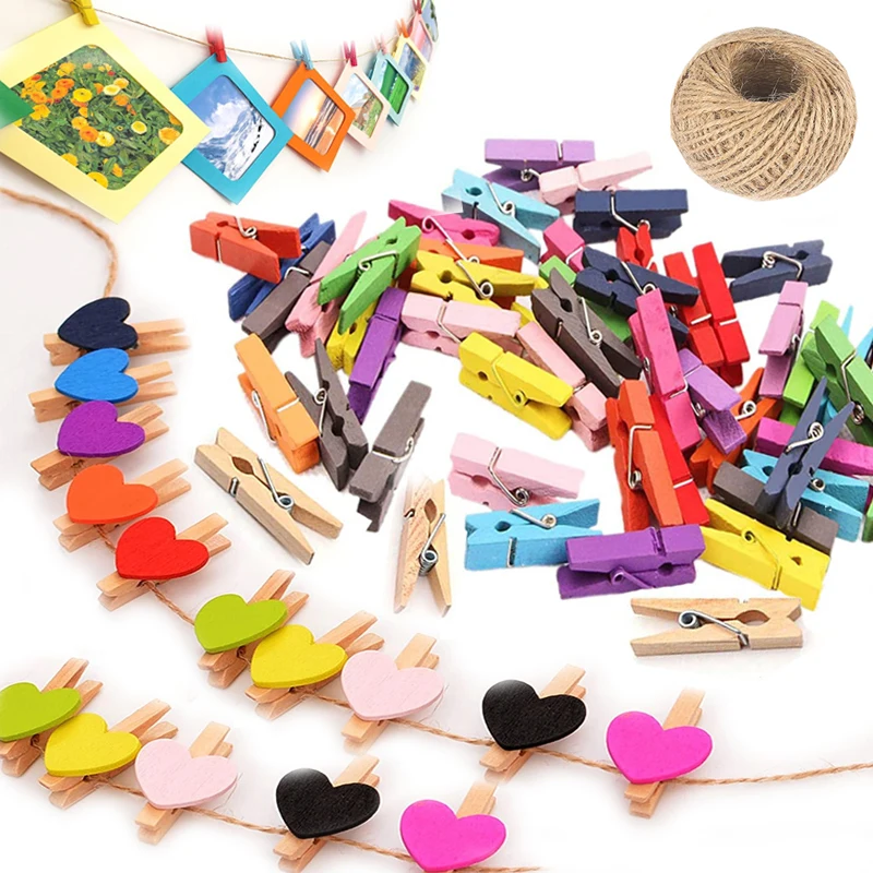 

50Pcs/Set Wooden Clips Love Heart Pegs Clothespin DIY Cute Wedding Decor Craft Pegs Clothespin +30m rope