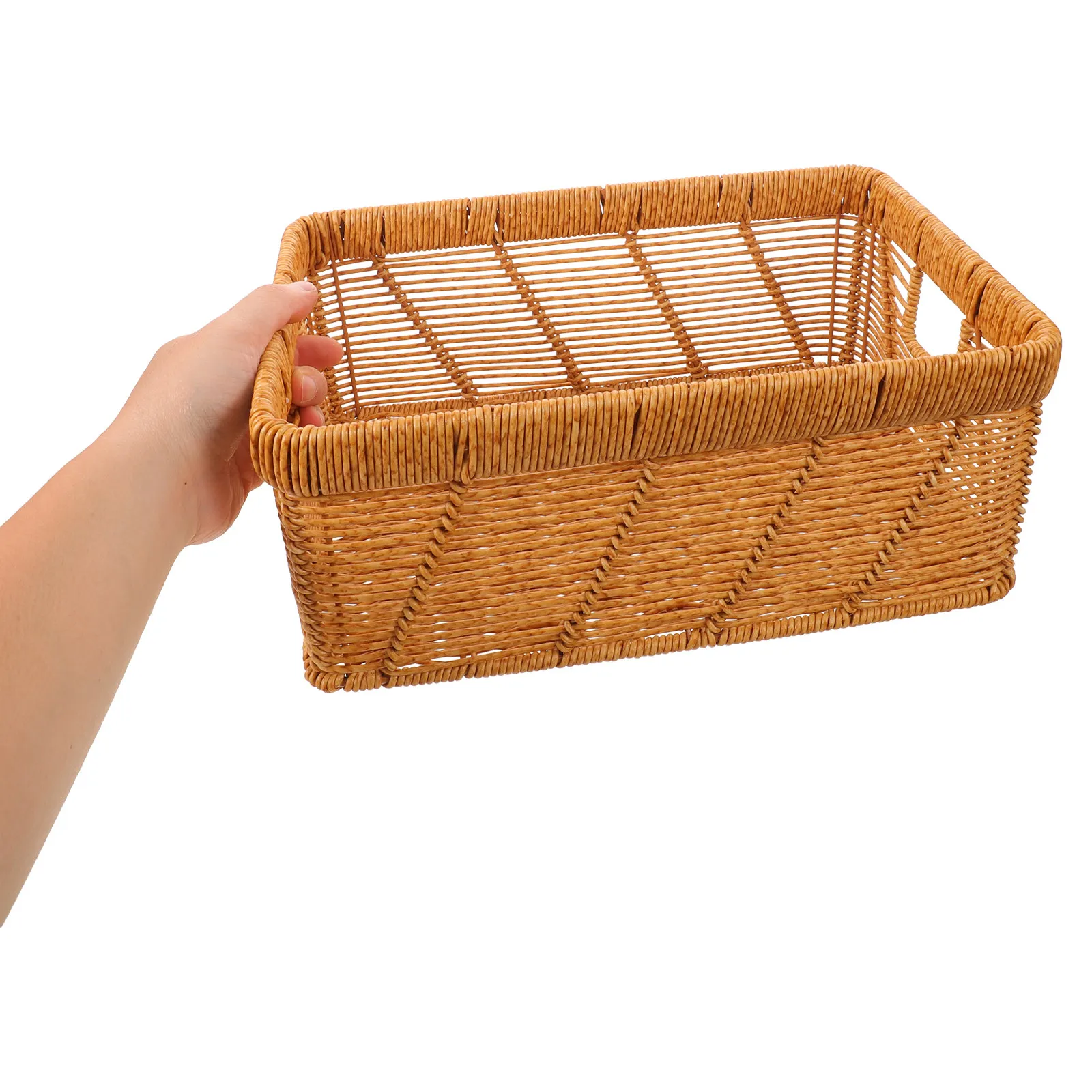 Panier de rangement rectangulaire en plastique imitant le rotin, dimensions : 12,60 x 8,66 x 5,12 pouces, organisateur de rayon tissé à la main, bac de rangement respirant pour documents et livres.