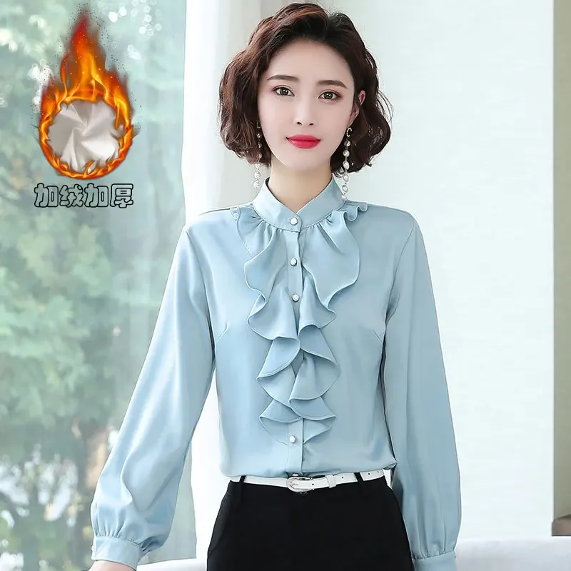 ruffles shirts full sleeve women winter plus fleece lining shirts woman satin green tops for women  blusas mujer