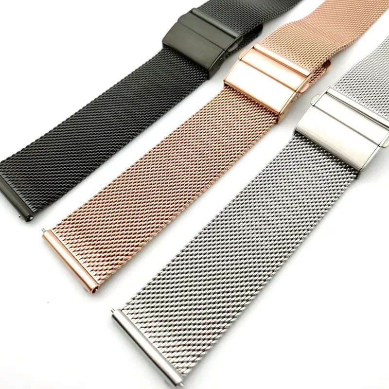 Mesh Milanese Loop Strap Stainless Steel Metal Quick Release Bracelet Double Press Butterfly Buckle Watch Band 18mm 20mm 22mm