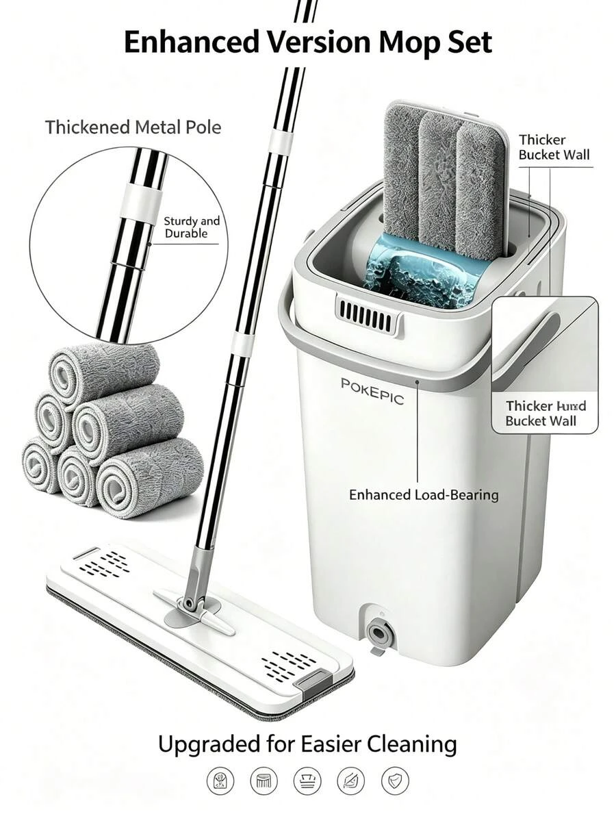 PokEpic 1PC Upgrade Mop And Bucket With Wringer Set, Flat Floor Cleaning Mop System With 6 Reusable Microfiber Pads, Wet Dry Household Cleaning Tool, Durable Floor Mop For Kitchen Bathroom Home Essentials/sh260429125579894628443