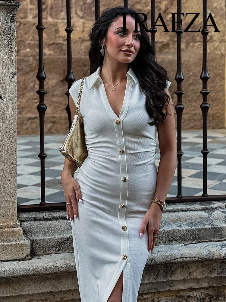 

TRAFZA Women 2025 Summer New Versatile Pearl-Floor Shirt-Style Lapel Sleeveless Knitted Dress Female Elegant Stretch-Slim Dress