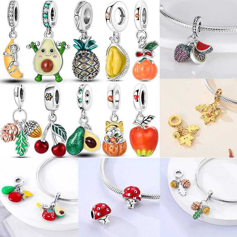 Hot 925 Sterling Silver Fruit Series Charms Strawberry Cherry Avocado Lemon Beads Fit Original DIY Bracelet Women Jewelry Girl