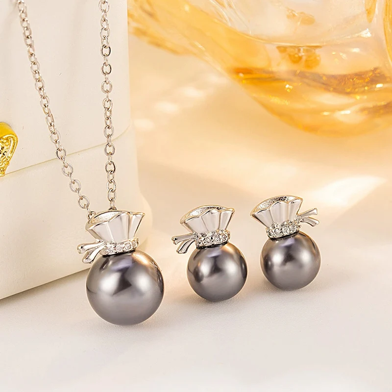 Korean version Light Luxury Temperament Sachet Bag Pearl Necklace Earrings Women's Simple Daily Commuting Jewelry Set KOFSAC