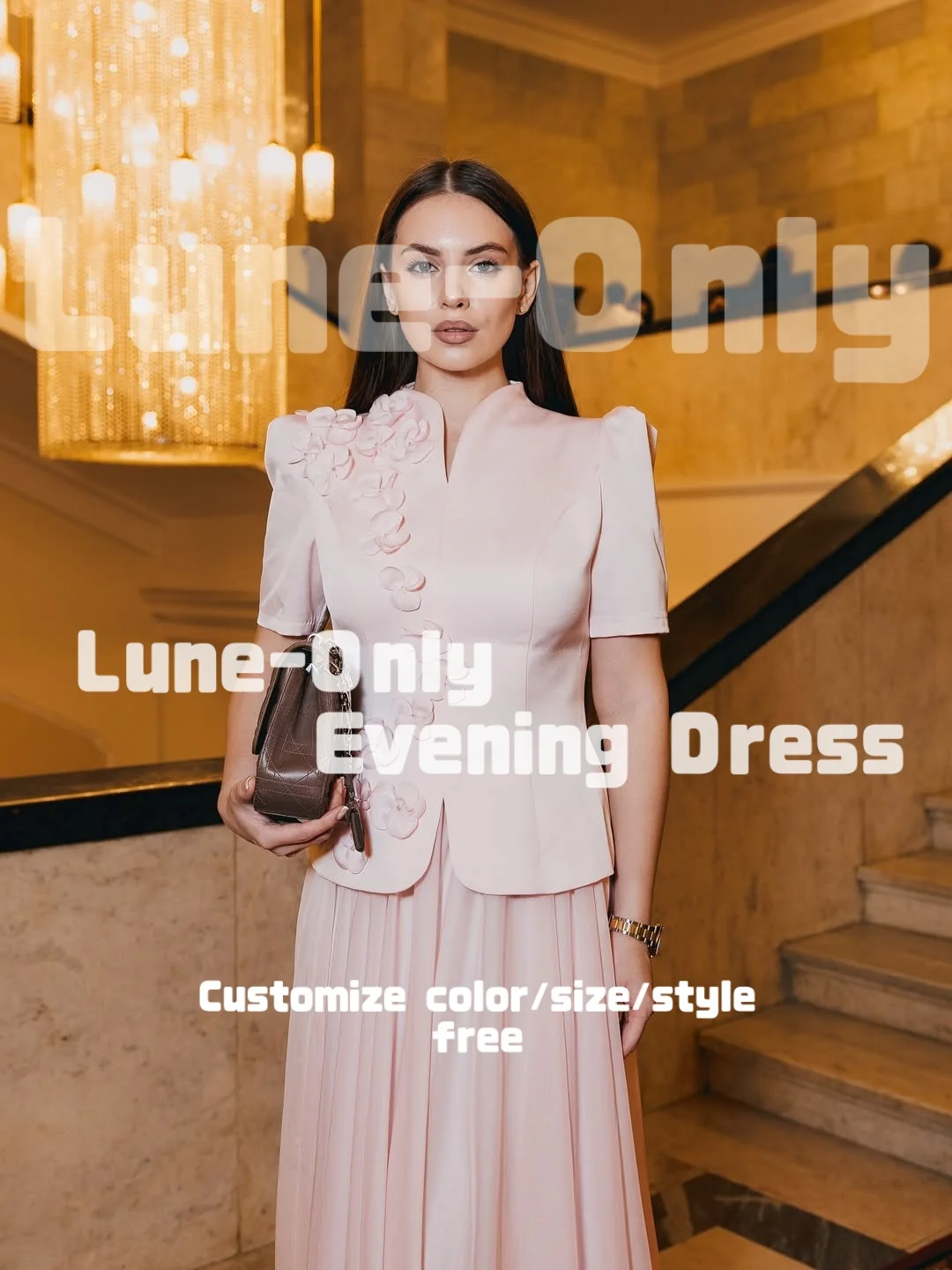تخصيص الزهور الوردية طويلة الأكمام الدعاوى الحلو النساء فساتين السهرة أنيقة حزب ثوب ألف خط حفلة موسيقية اللباس الرسمي #5