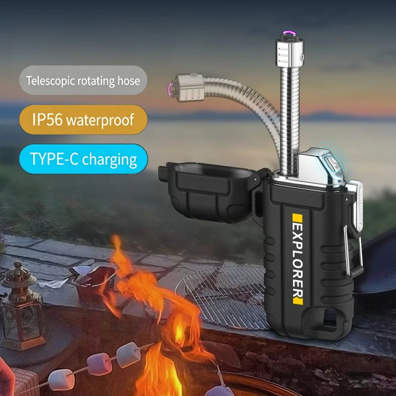F37 Outdoor Windproof Lighter, Retractable Flexible Hose Arc Lighter IP56 Water Resistant Rechargeable Plasma Lighter for Hiking