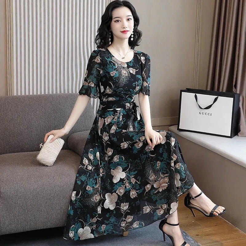 

White Print Short sleeved chiffon Dress For Women's Summer 2023 New Large Waistband Slim And Long Round Neck Floral Dress Elegan