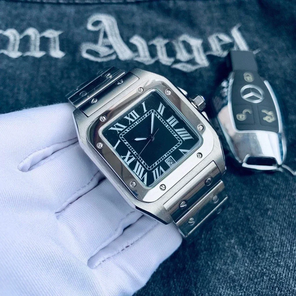 New Classic Mens Watch Automatic Mechanical Steel Strap Black White Reloj Hombre