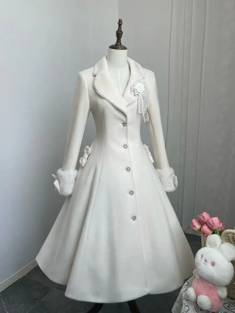France Winter Vintage Elegant Slim Woolen Cloth Coat Women Designer Fashion Sweet Warm Bow Apricot Long Overcoat Clothes Female