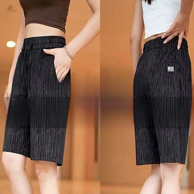 Summer Thin Casual Sports Short Pants Women's Elastic Vertical Stripe Mid-Length Five-Point Pants New Style Commute Style